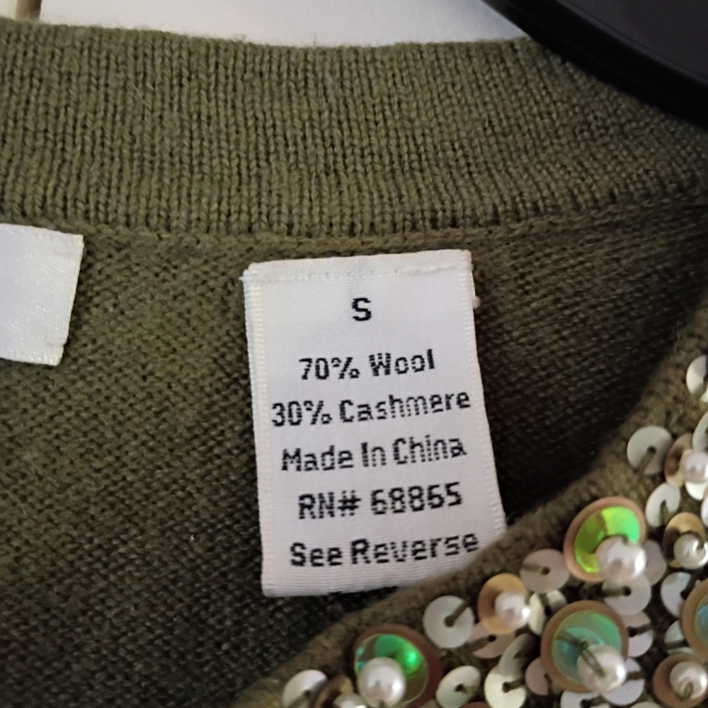 Olive Embellished Cardigan Cashmere &Wool..New Condition.Pit To Pit 17"Length 24 - Picture 8 of 8